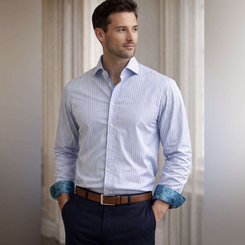 English Laundry Blue White Stripe Dress Shirt Mens 16.5 32/33 100% Cotton Preppy
